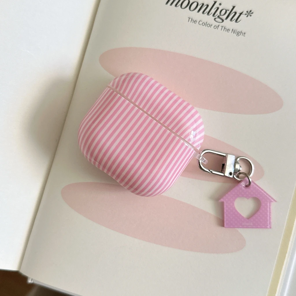 Minimalist Sweet Pink Stripe Hollowed Out House Pendant Earphone Case Cover for AirPods 1 2 3 4 5 Pro 2 Pro 3