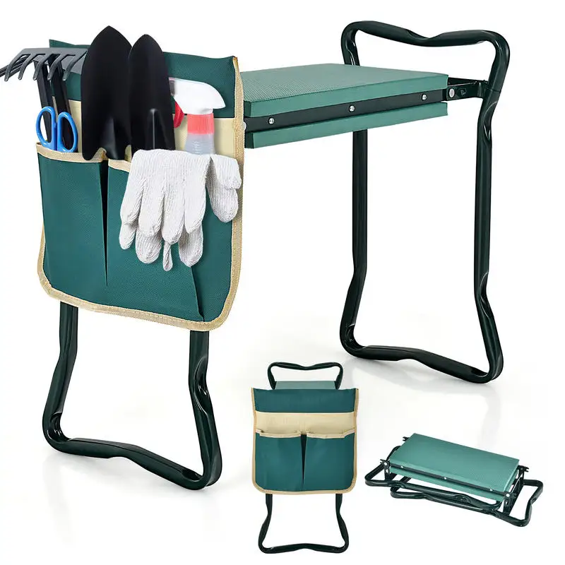 Garden Kneeler And Seat, Foldable Gardening Bench With Thick EVA Foam Cushion, Heavy Duty Steel Frame With Side Tool Bag, Portable Knee Protector For Seniors, Outdoor Yard Work, Green