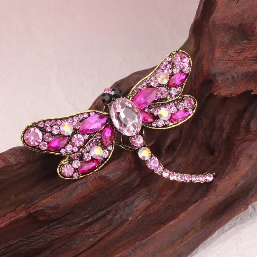 Vintage Gold-Tone Pink Rhinestone Dragonfly Brooch, Retro-Inspired Luxurious Insect Design Adorned, for Daily Outfits & Gifting