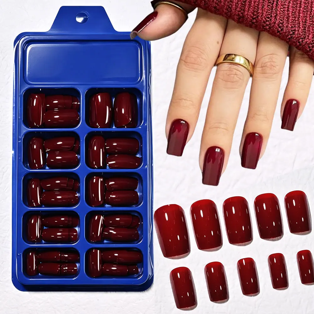 120pcs Glossy Cherry Red Square Press On Nails Medium Soft Gel Red Fake Nail Handmade Full Cover Cherry Red Acrylic False Nails
