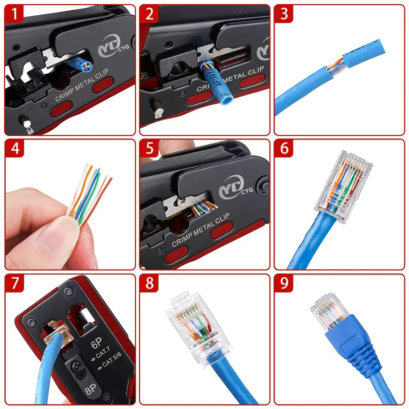 Rj45 Rj12 Rj11 Pass Through Crimpzange Cat7 Cat6 Cat6A Cat5 Cat5e Abisolier-Crimpzange mit 8P/6P Ethernet-Anschlüssen – Detail 6