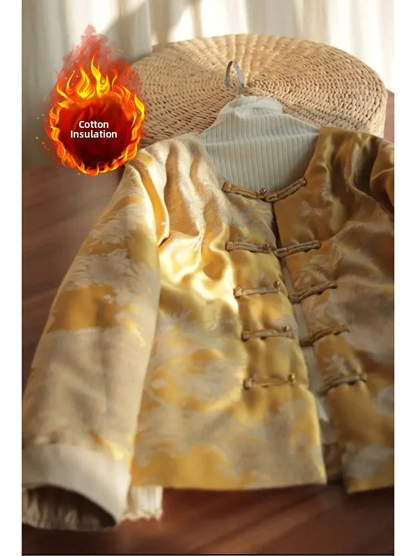 سترة قطنية مطرزة بالساتان على الطراز الصيني الجديد بأكمام طويلة وياقة مستديرة مع أزرار مزينة بالخرز، ملابس قطنية دافئة للشتاء #3