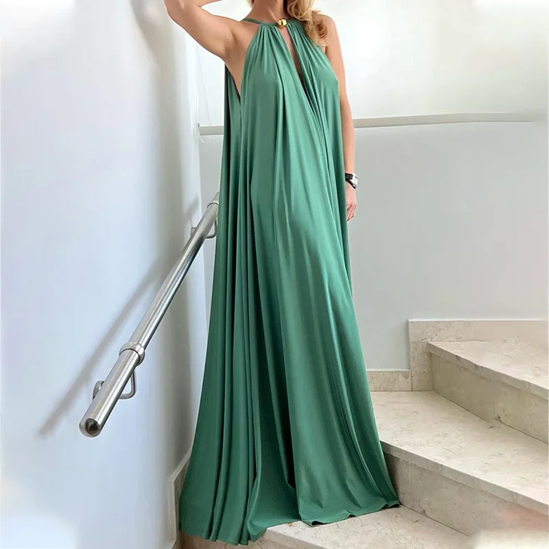 Sexy Summer Women Loose Party Dress Elegant Chic Luxurious Sleeveless Halter Celebrity Gala Guest Evening Floor Length Dress