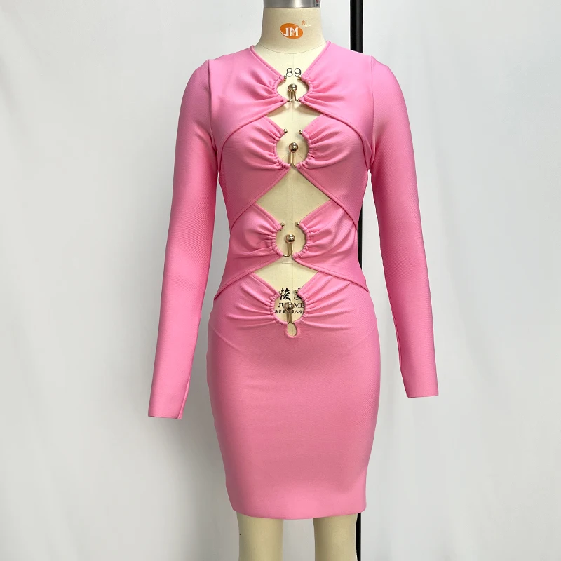 Pink Color Women Long Sleeve Sexy Keyholes Bodycon Mini Dress Rayon Bandage Fashion Nightclub Party Celebrate Dress