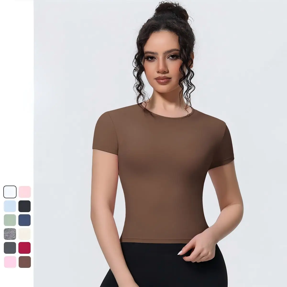 Womens Solid Color Nude Feel Yoga T-shirt Waist Shaping Slim Breathable Running Training Fitness Short Sleeve Top