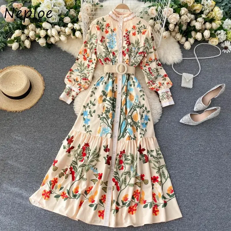 Neploe Autumn Chic Sashes Flower Print Dresses Women Exquisite Button Vintage Dress 2024 Stand Collar Slim Waist Vestidos