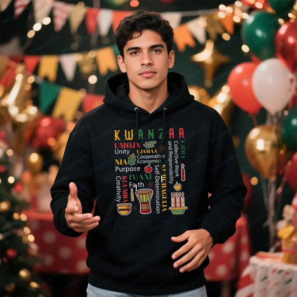 

Happy Kwanzaa Drum Kinara Seven Candles Creative Printed Hoodie Africa Unisex Sweatshirt Perfect Holiday Gift Men Women Clothing