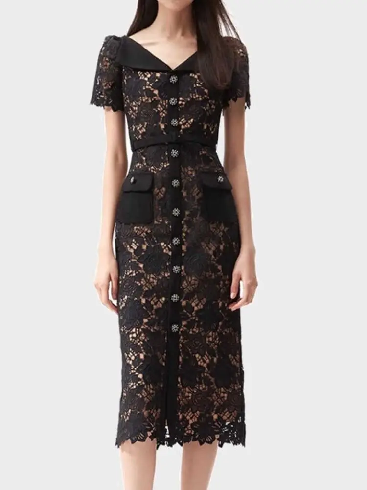 Women Black Robe Lace Hollow Out Short Sleeve Turn-down Collar Rhinestone Buttons Elegant Summer 2024 Midi Dress with Belt