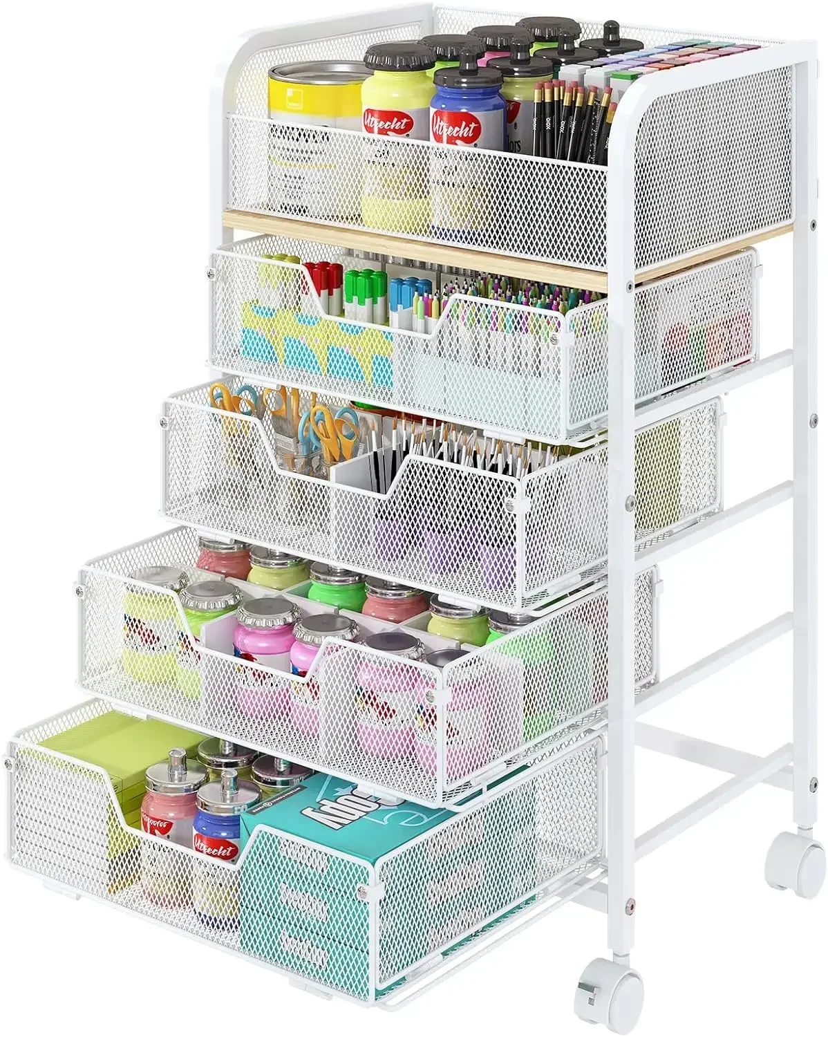 5-Tier Craft Organizer Cart with Wheels,Craft Organizers and Storage with Drawers,Lockable Wheels Rolling Utility Cart with DIY