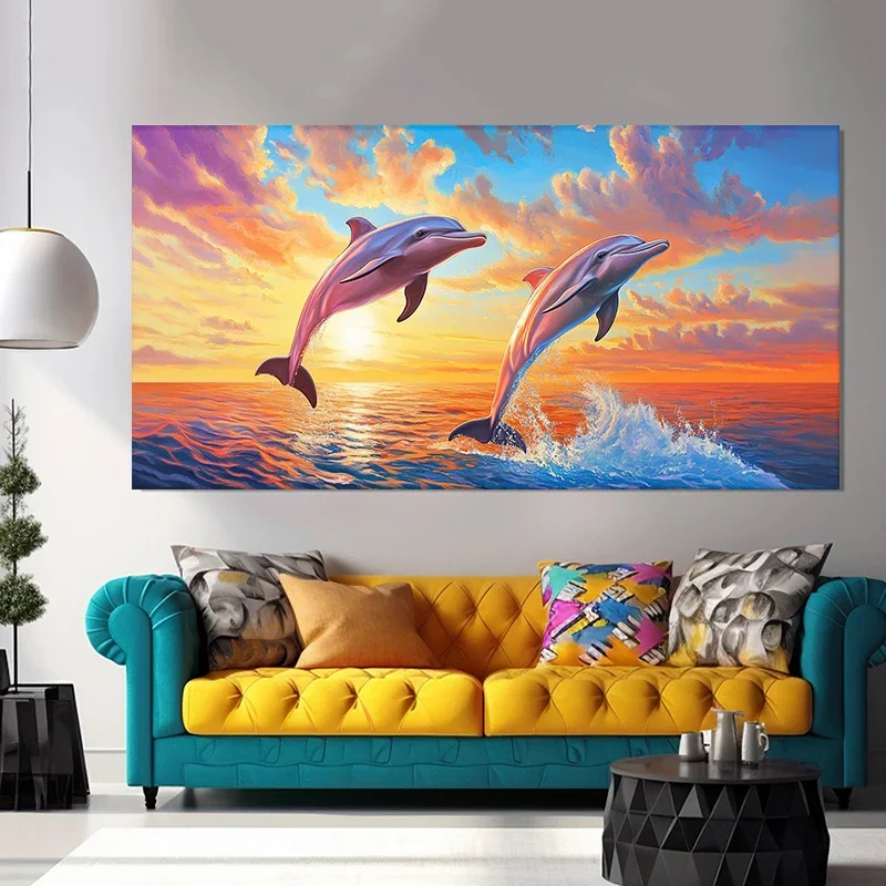Dolphins Jumping on Sunset Ocean Landscape Poster and Prints Canvas Painting Wall Art Pictures Home Decor Cuadros