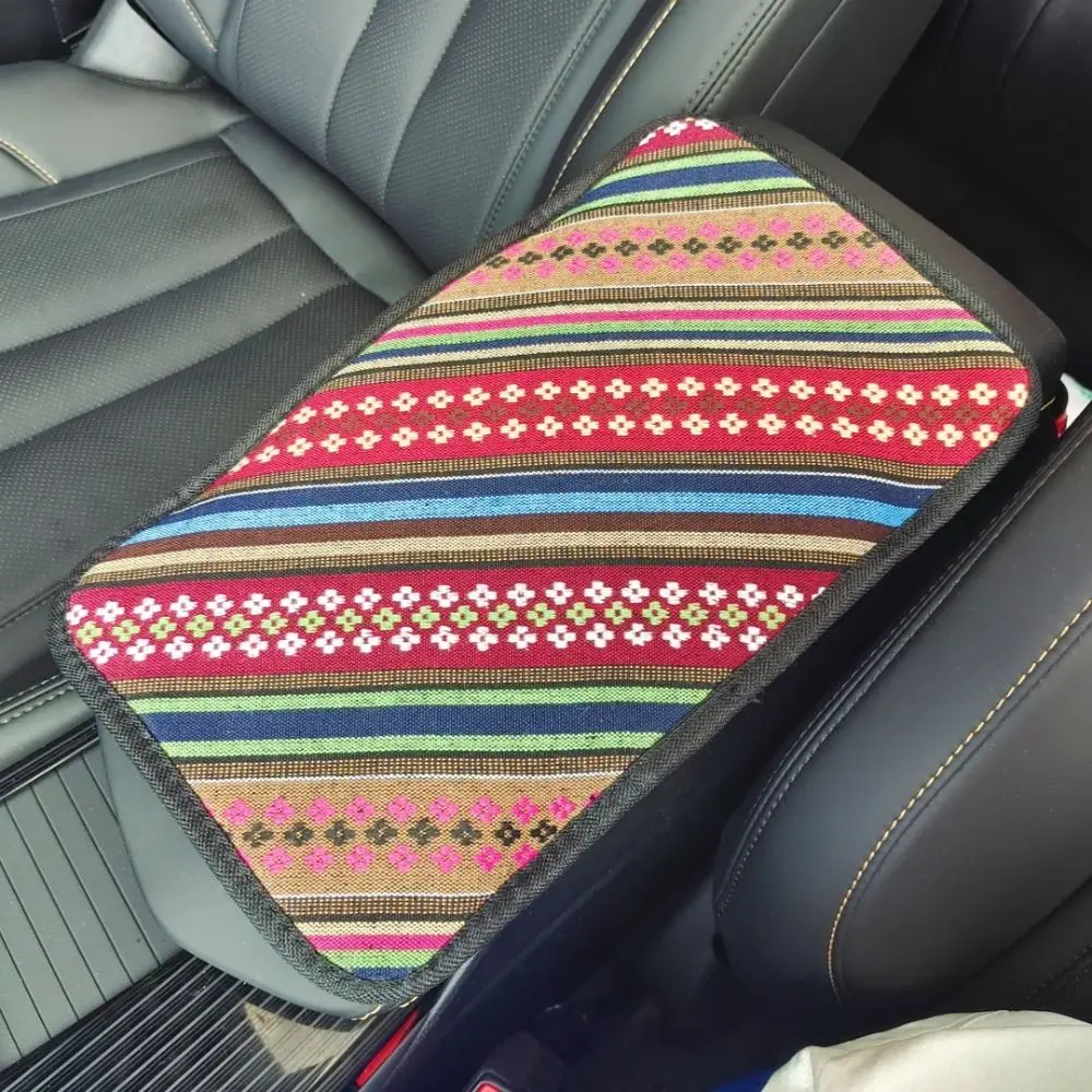 Ethnic Style Car Armrest Box Protector Cover Bohemia Breathable Arm Rest Protection Cushion Linen Fabric Comfortable