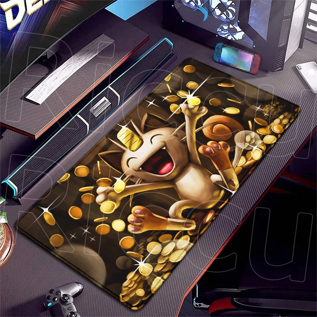 Podkładki pod mysz do gier komputerowych 900x400mm, gumowe akcesoria PC, zmywalne, anime Meowth, duże podkładki pod klawiaturę, Pokemon, obszyte krawędzie, dywanik. — zdjęcie produktu 3