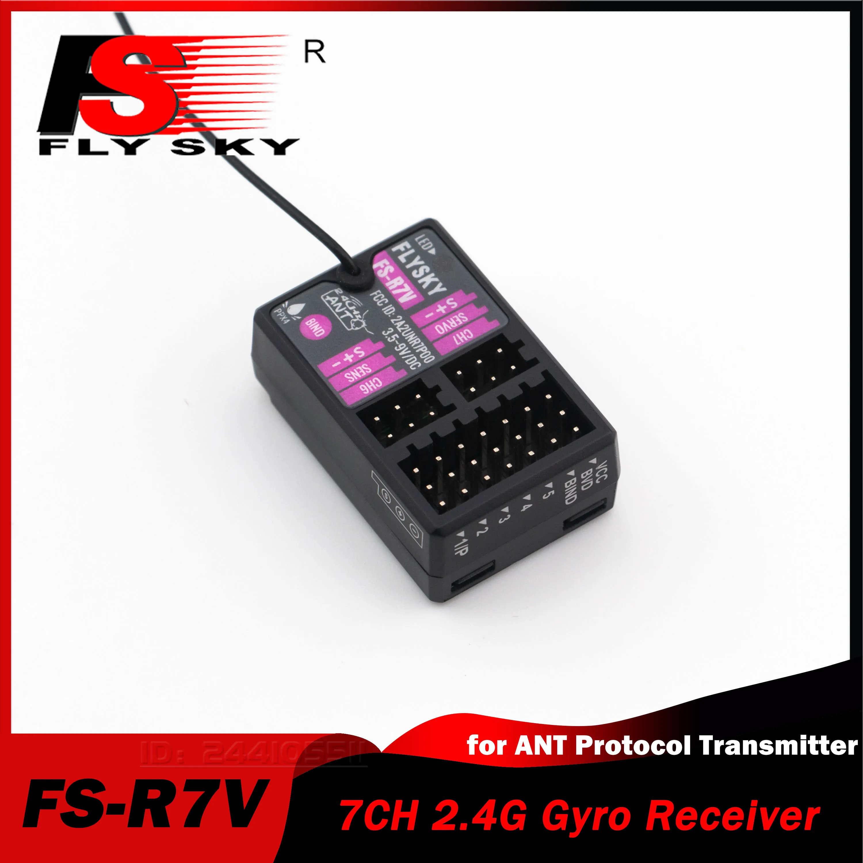 FLYSKY 7CH Gyro Receiver FS-R7V 2.4G 3.5 ~ 9V/DC ANT Single Antenna PWM for RC Model Cars Boats Transmitter FS-G7P Accessories