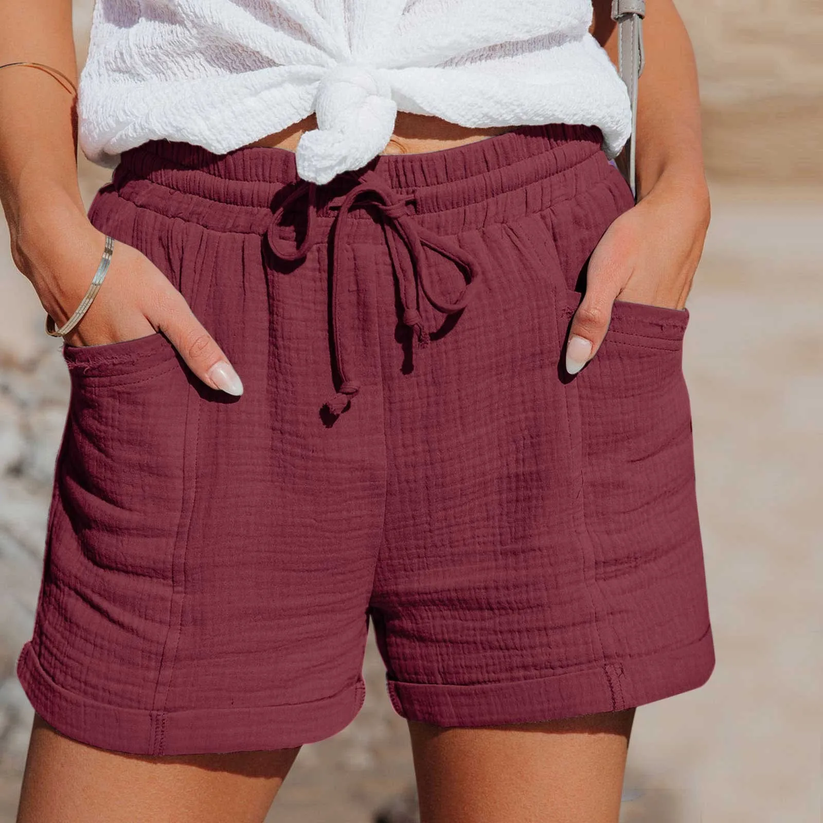 Summer Cotton Linen Shorts Women'S Drawstring High Waist Short Pants With Pockets Sports Casual Basic Cortos Pantalones 2024