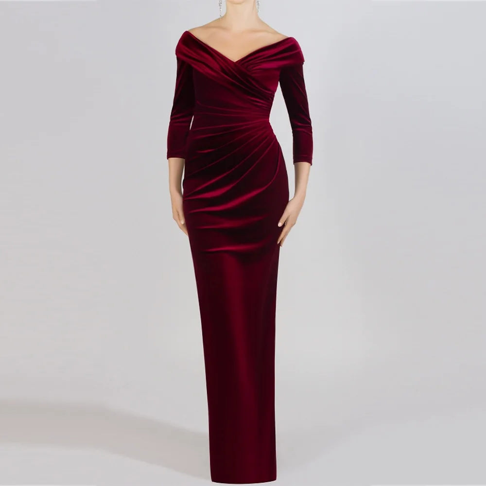 

Mother of the Bride Dresses 2023 Velvet Sheath V-neck Wedding Guest Gowns with Pleats Side Slit Dress Women for Wedding Party