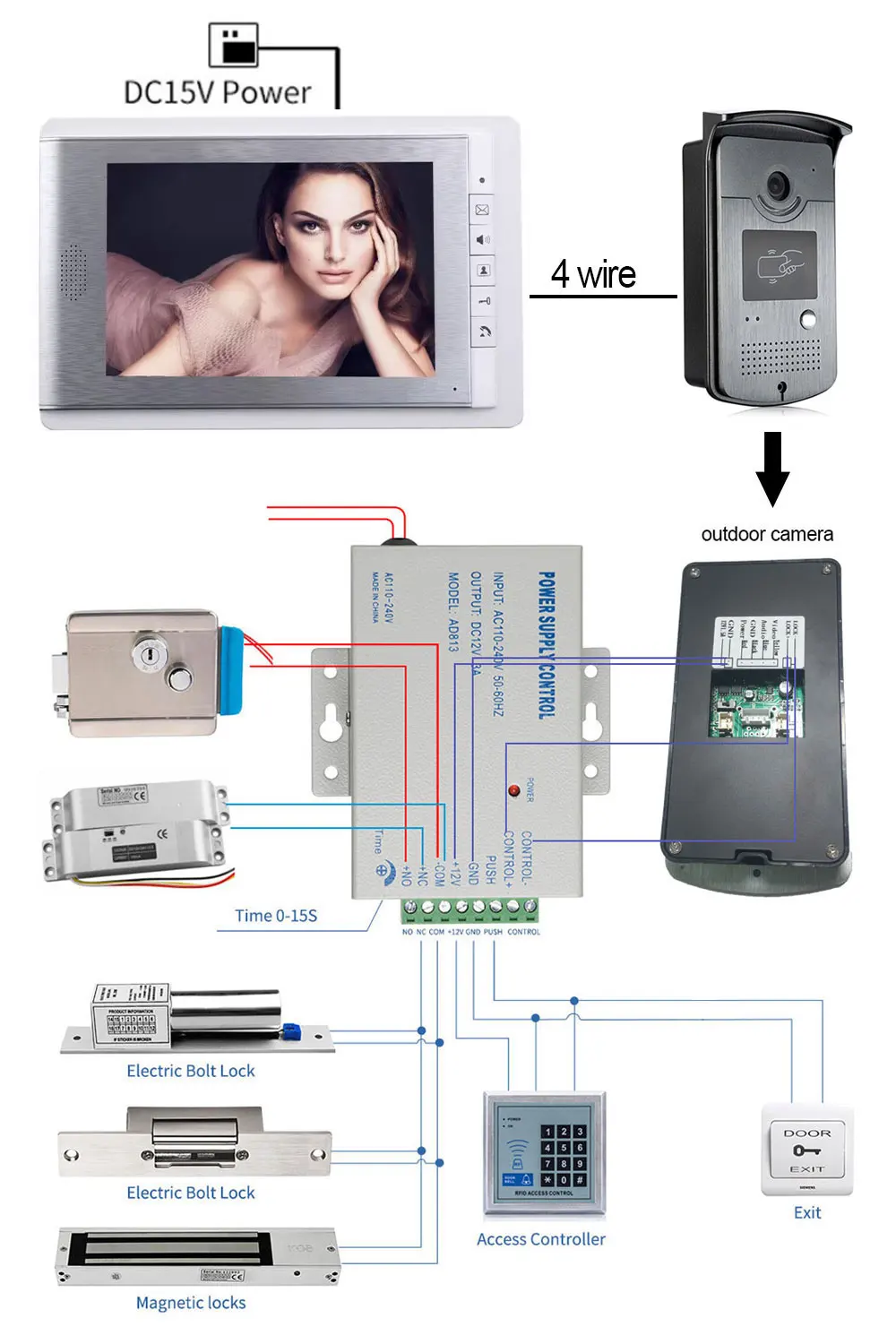 Home Wired 7 inch Video Door Phone Intercom Entry System 1 Monitor + 1 RFID Access IR Camera + Electric Control Door Lock