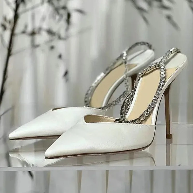 2025 New Spring/Summer Silk High Heel Crystal Pendant Water Diamond Chain Pointed Fine Heel Sexy Women's Sandals Wedding Shoes