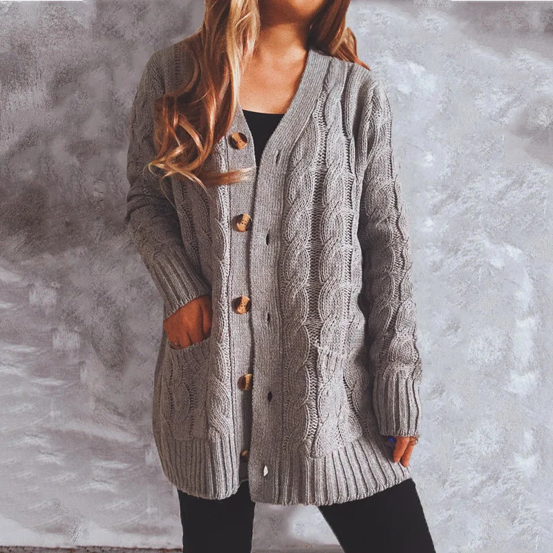 New Single Breasted Thick Fried Dough Twists Pocket Long Sleeved Knitting Sweater Cardigan Coat Women