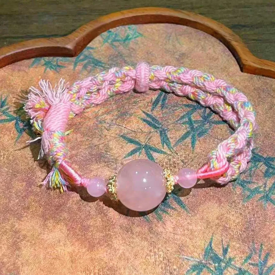 

1 pc Natural Pink Crystal Bracelet Women 19mm Lucky Crystal Bead Bracelet Light Luxury Minority Ethnic Style Braided Hand Rope