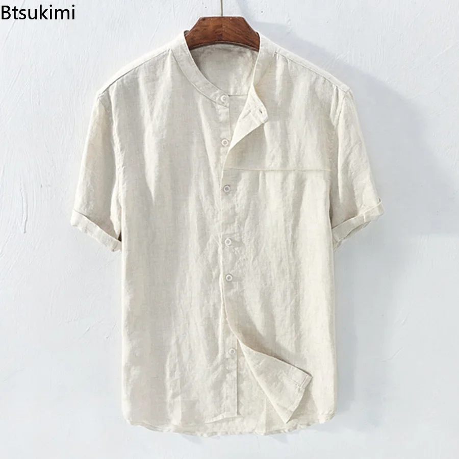 New 2024 Men's Summer Casual Blouse Cotton Linen Shirt Loose Short Sleeve Tops Tee Shirt Handsome Men Shirt Ropa Para Hombre