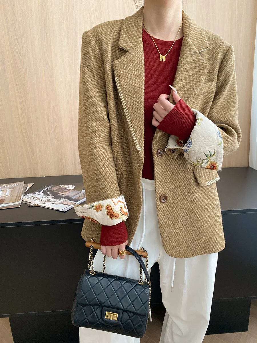 

Sunset Sand Dune French Handmade External Stitching Cuff Splicing Embroidered Woolen Suit Coat