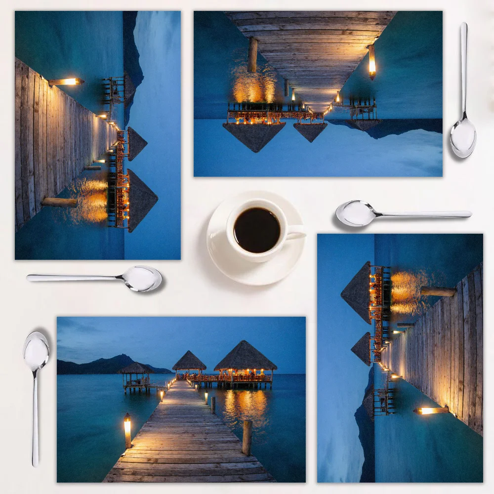 

Набор прямоугольных подставок из 4 предметов, спокойная пляжная сцена, легко чистится, стильный домашний декор для столовой, идеально подходит для встреч.