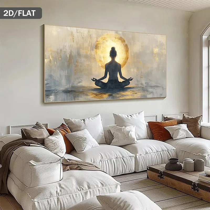 Modern Abstract Under Golden Frameless Female Meditative, Minimalist Zen Decor for Living Room & Bedroom,Neutral Color Palette