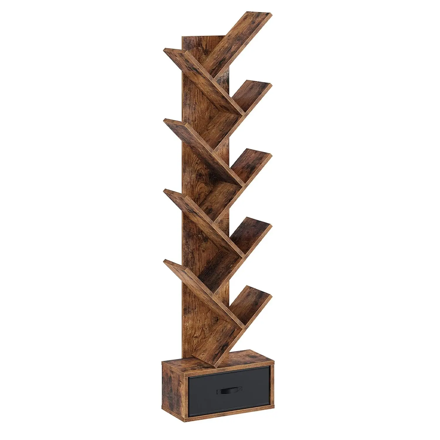 

Tree Bookshelf 9 Shelf Drawer Wood Rack CDs Movies Books Corner Organizer Living Room Bedroom Brown, Customized