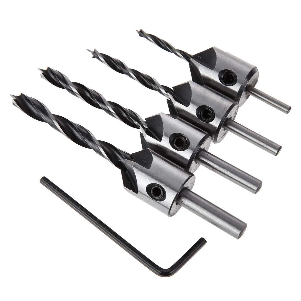 Broca escareadora de três pontas para carpintaria, 4 unidades, 3-6mm hss conjunto de brocas escareadoras 5 flauta reamer chanfro para carpintaria