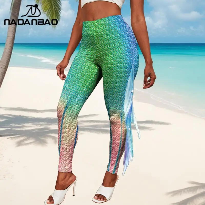 Nadanbao Woman Mermaid Leggings High Waist Fitness Tights Lady Colourful Fish Scale Print Pants Elastic Streetwear Yoga Pants