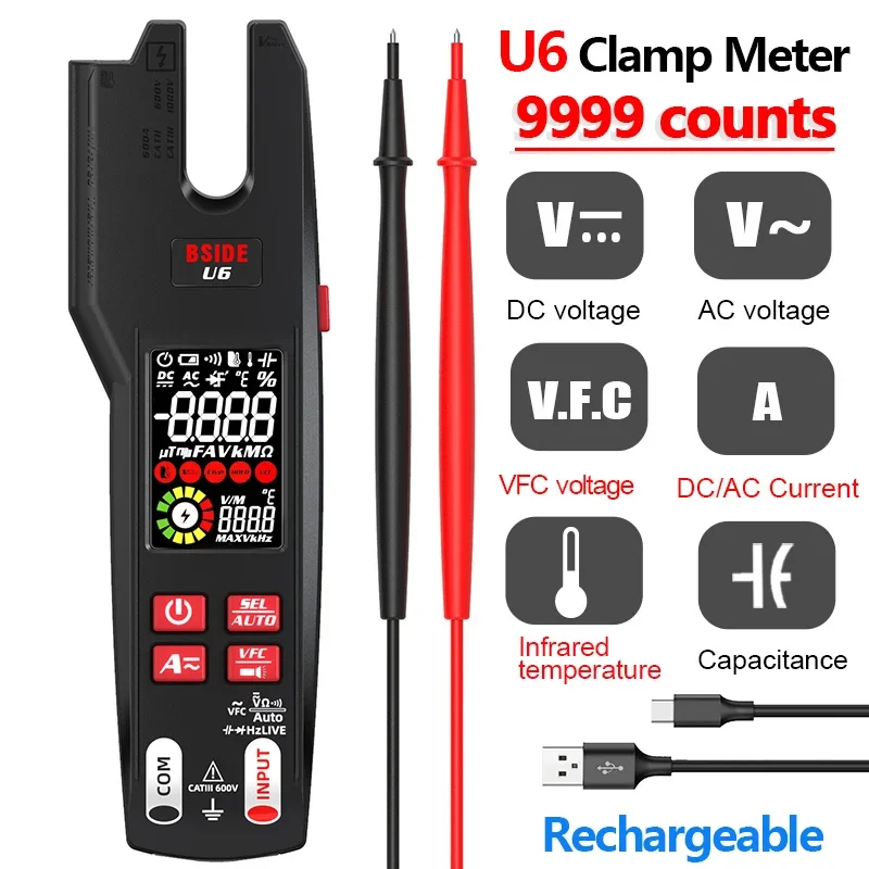 U6 Digital Clamp Meter Fork Rechargeable Automatic Multimeter T-RMS AC/DC 600A Current Temperature Resistance Capacitance Tester