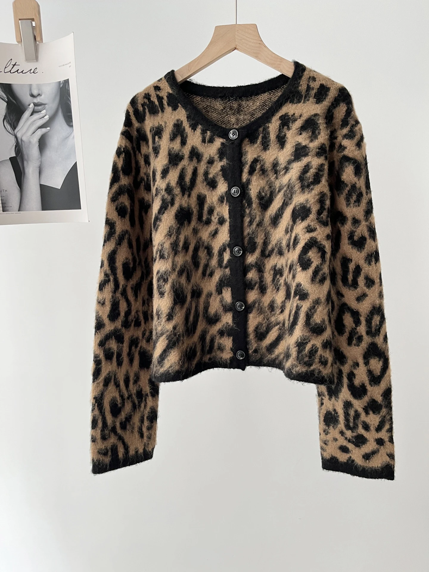 Leopard Print Cardigan Women Knitted Long Sleeve O-neck Single Breasted Sweater Loose Elegant Coats Tops roupas y2k feminino