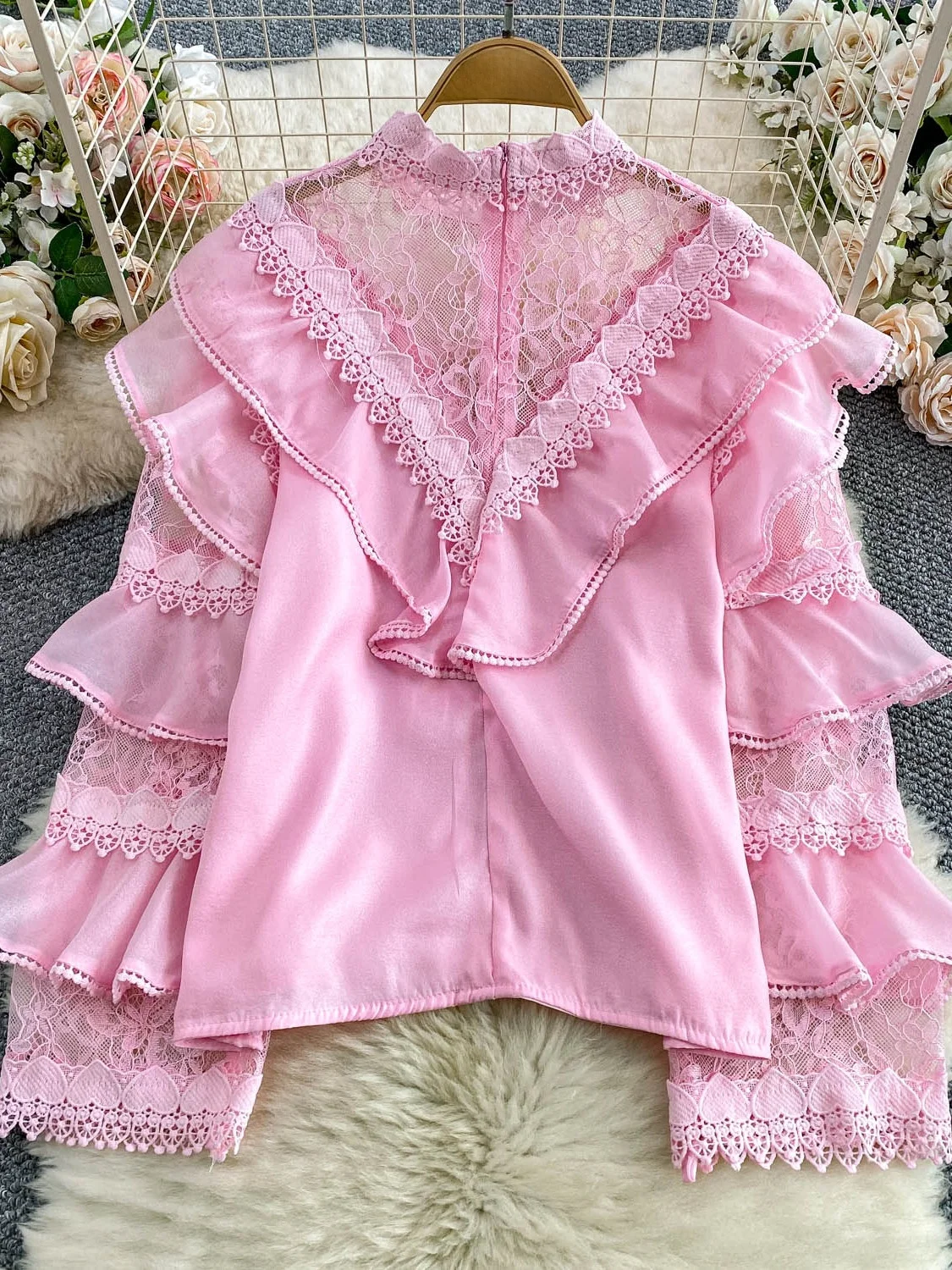 Retro Ele Court Sle Renda Emenda Chiffon redondo Ne Long Sve irt Mulheres Anti Envelhecimento Em Camadas Top Commute Coreano Loos...