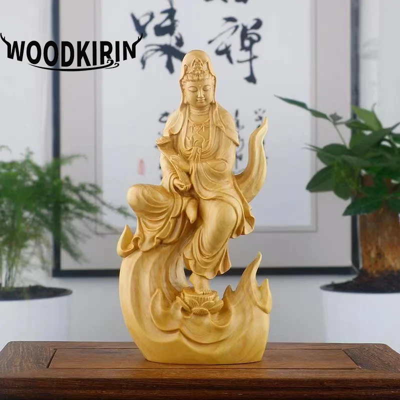 Natural Cypress Guanyin Decorative Figures Statue Solid Wood Carved Chinese Buddha Statues Home Room Office Feng Shui Art Statue