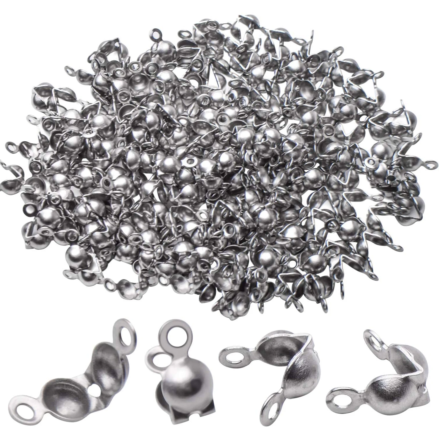 

Calotte Ends,200Pcs Stainless Steel Open Clamshell Knot Covers Fold-Over Bead Tips for Necklace Bracelet Jewelry Making