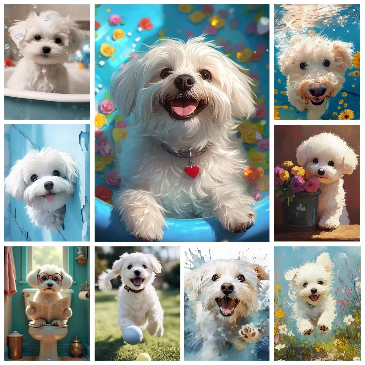 Malteser Hund Ölgemälde nach Zahlen: Niedliche Haustier-Portrait-Kunst, handgemalte Leinwand, Home Wall Decor Collection