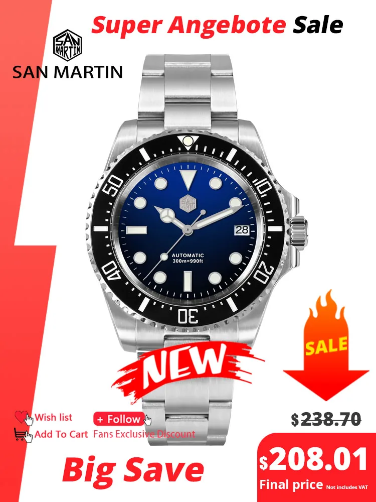 San Martin 39mm Men Dive Watch Enamel Dial NH35 Automatic Mechanical Watch 316L Sapphire Waterproof 300m 3H Date Window SN0111