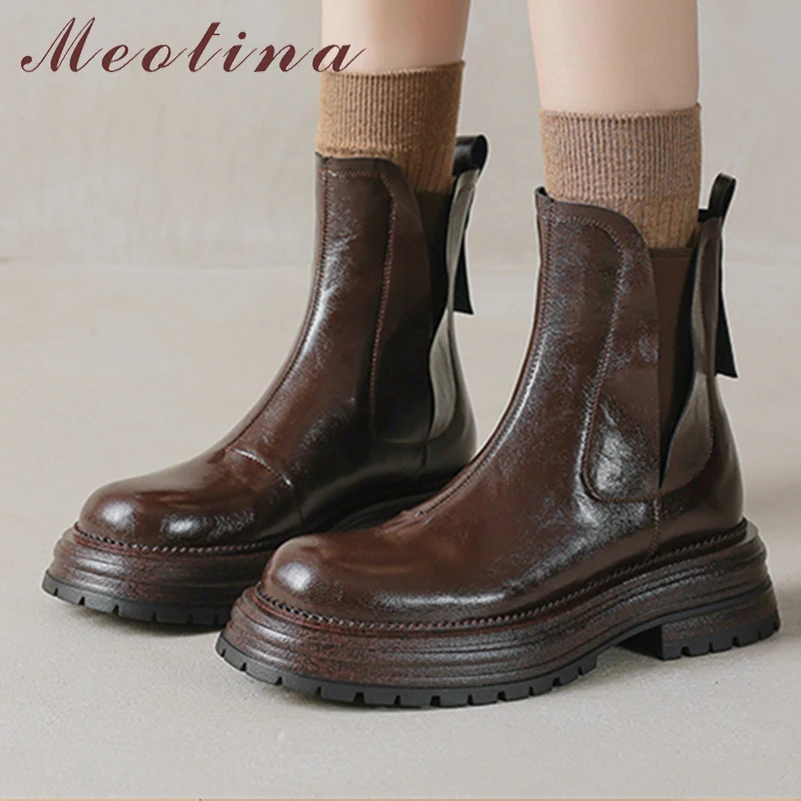 

Meotina Women Genuine Leather Ankle Boots Round Toe Thick Mid Heels Zipper Platform Chelsea Short Boot Lady Fashion Shoes Winter