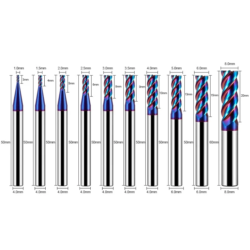 SHAZAM Tungsten Steel Carbide Blue Nano Coating HRC65 4-Flute Flat End Mill CNC Milling Cutter Tools 1.0-8.0mm 10-pcs/set