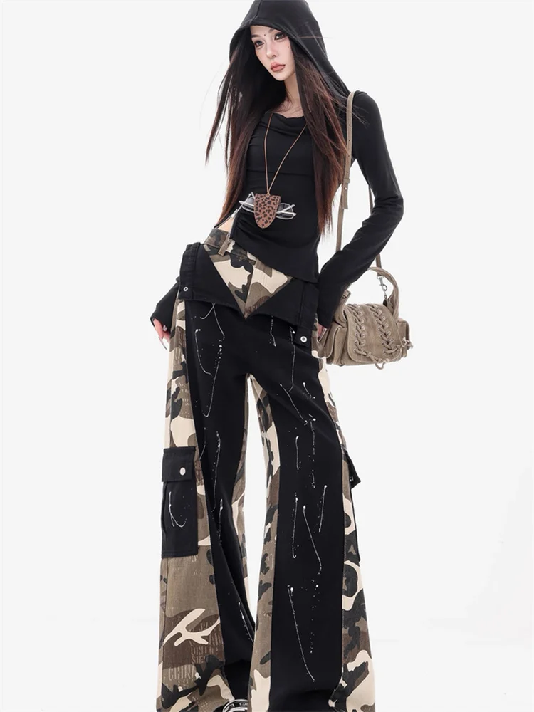 American Designed Fake Two Piece Camo Patchwork Jeans for Women 2025 Autumn New Loose Slim Floor Length Pants