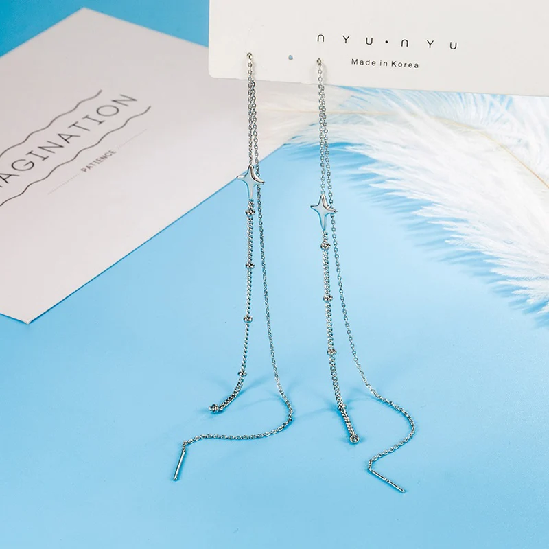 Women\'s Fashion Elegant Long Tassel Drop Earrings Cute Stars Thin Chain Piercing Earring Line Accessories Dangle Earring Jewelry