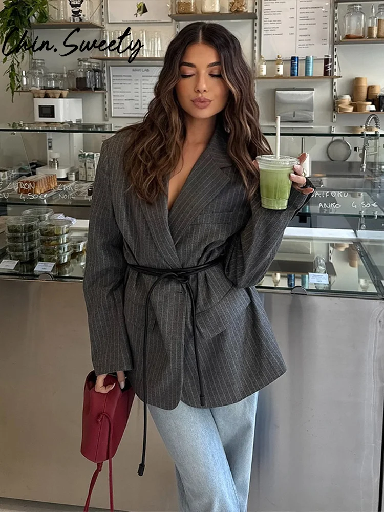 سترة نسائية مخططة غير رسمية معاطف نسائية بأكمام طويلة وياقة مقلوبة وجيب مزيف ملابس خارجية للسيدات لربيع وخريف 2025