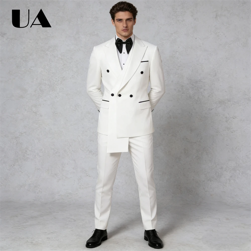 طقم بدلة بيضاء غير متماثلة للرجال، ملابس بدلة حفلة موسيقية بيضاء (سراويل سترة) مقاس كبير XXS-7XL بنطال سترة سهرة للرجال #3