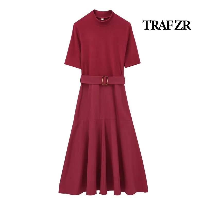 TRAF ZR Knit Dresses for Formal Occasions New in Autumn Dress Short Sleeve Sashes Dress Elegant and Beautiful Women's Dresses