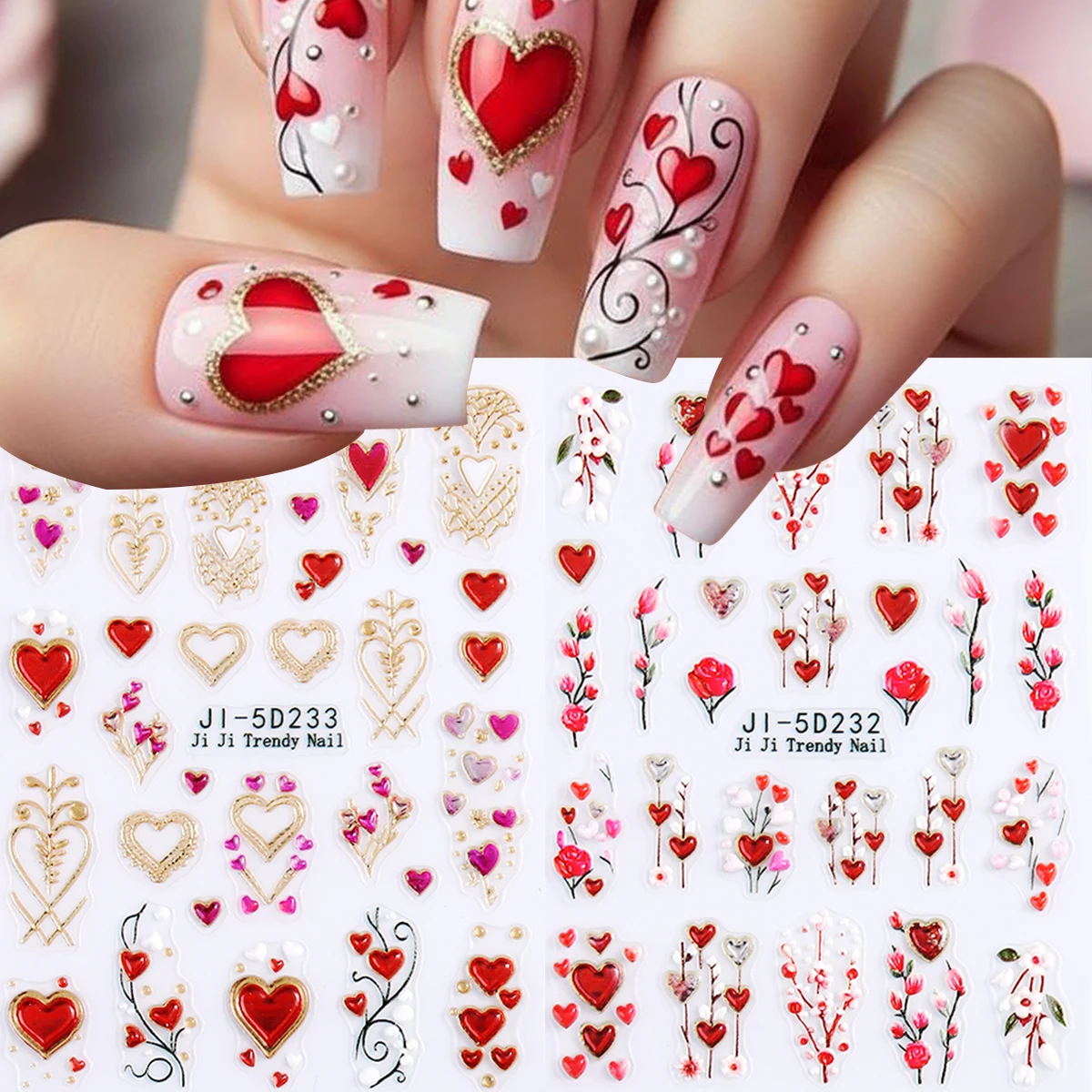 5D-geprägte, herzförmige Nagelaufkleber zum Valentinstag, Rosen- und Herzdesign, selbstklebende metallische Nagelsticker.