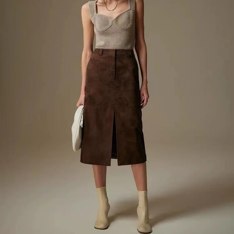 Skórzane spódnice dla kobiet Wiosna Jesień Moda Elegancki Vintage Maillard Kolor Koziej Skóra Zamsz Przedni Split Design Spódnica Maxi Saias