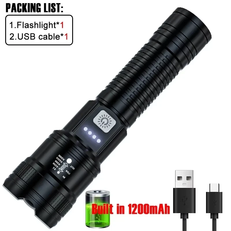 고출력 LED 손전등, 디스플레이 라이트 포함 전술 토치, USB 충전, 캠핑 낚시, 비상 줌 랜턴, 2000LM
