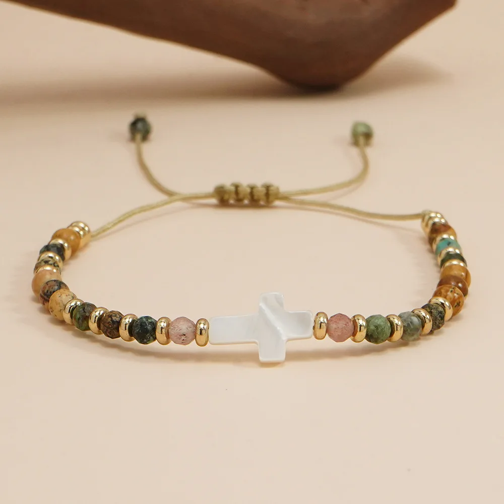 

10 Pieces Wholesale Bohemia White shell Cross Charms Bracelet Faceted Stone Strand Fashion Women Jewelry Bracelet