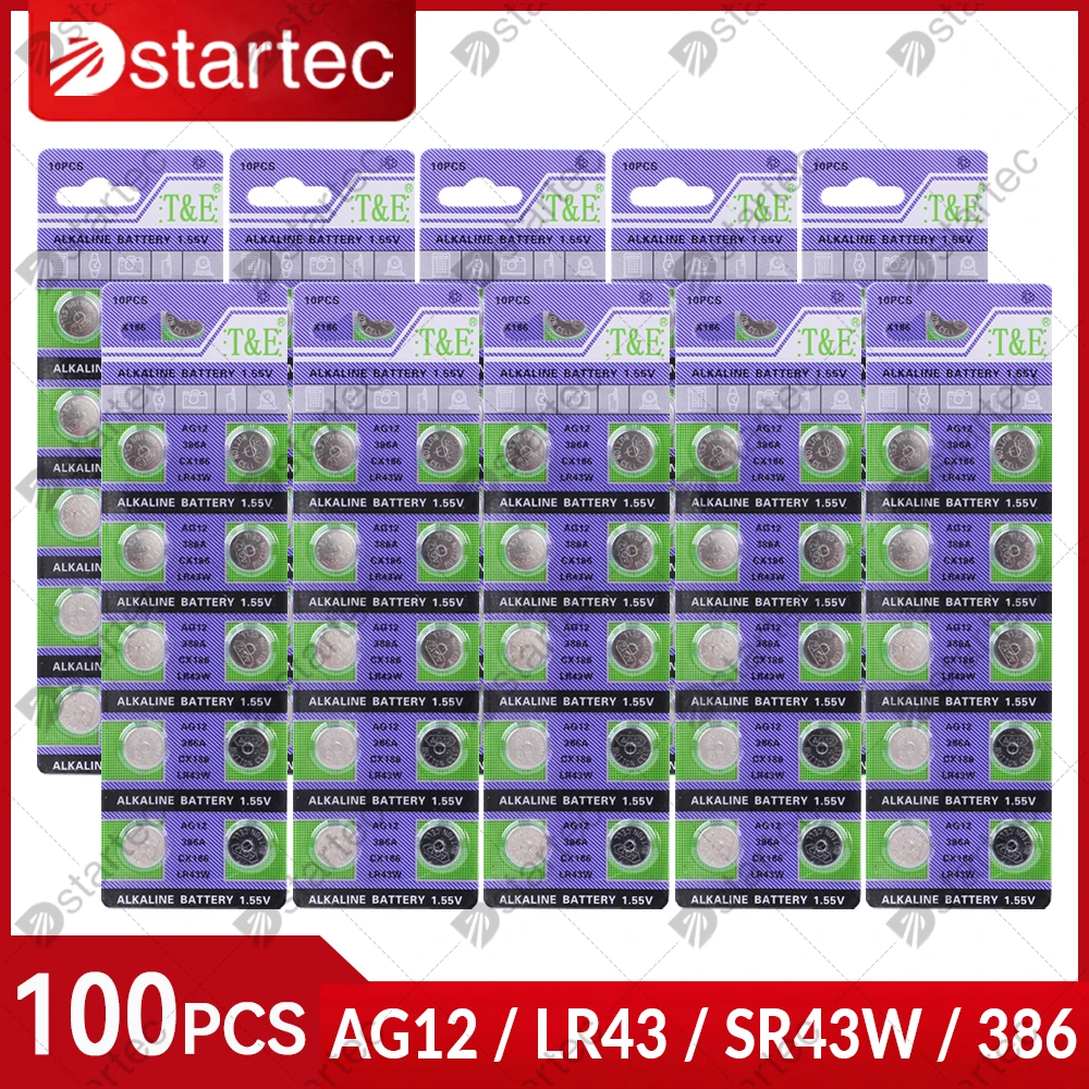 100PCS AG12 LR43 Watch Batteries, Premium Alkaline 1.55V SR43W LR43W 386 CX186 Button Cell Battery for Toys Electronic Devices