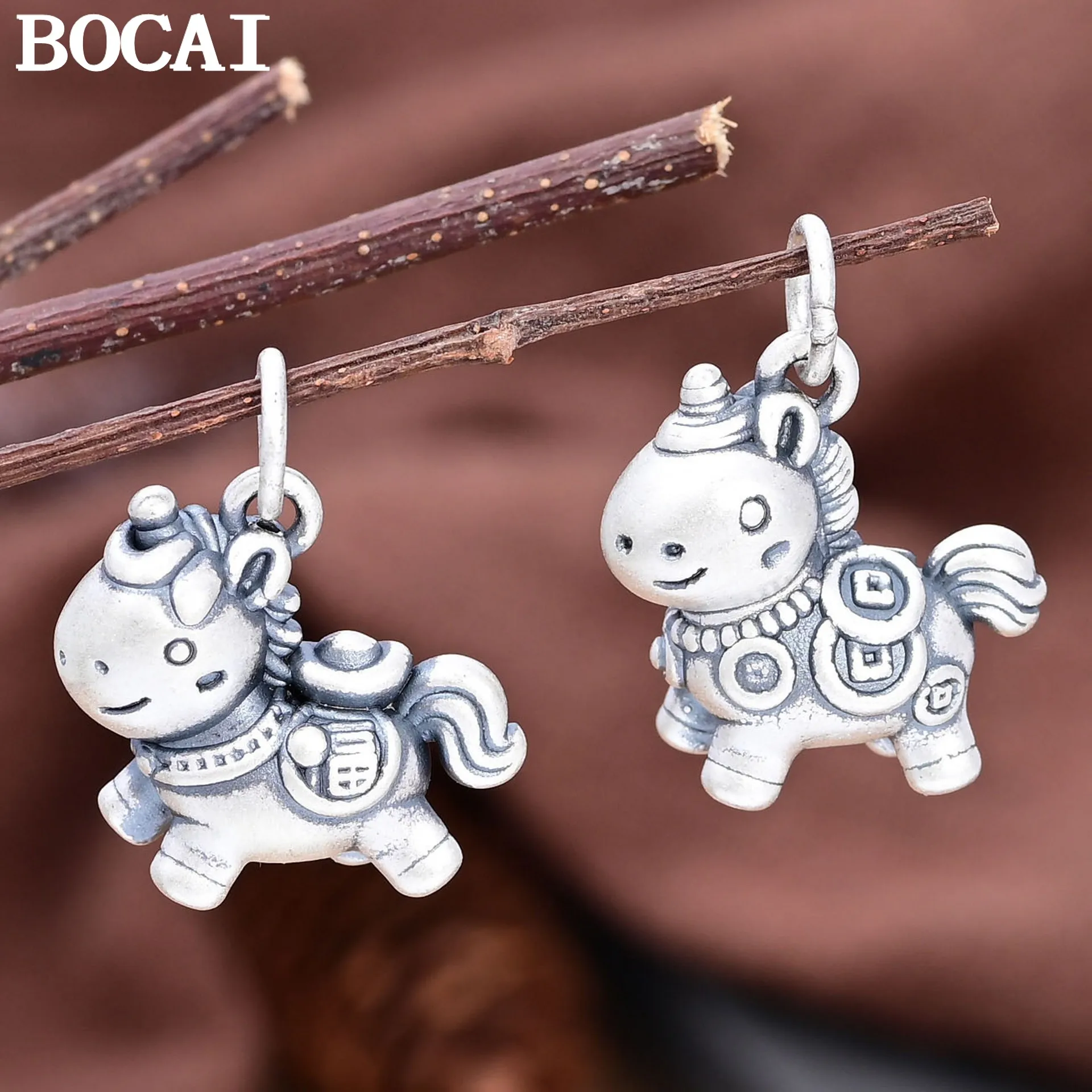 

BOCAI NEW S999 Silver Retro Cute Money Lucky Character Pony Unicorn Pendant
